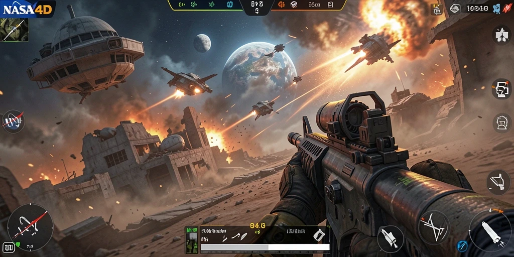 Gambaran gameplay menegangkan dalam NASA4D dengan pertempuran FPS.