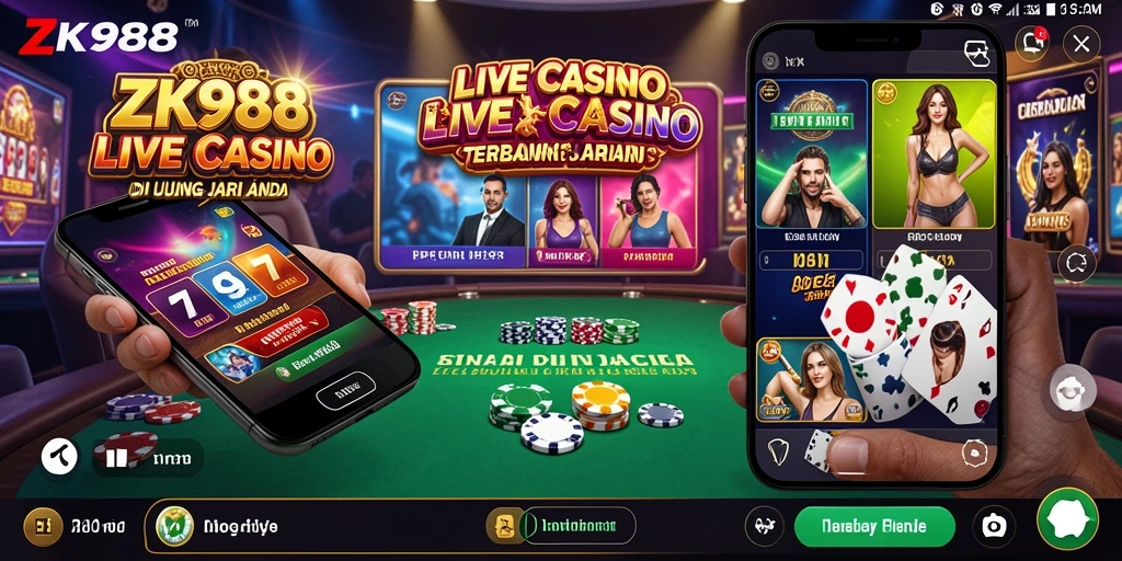 Screenshot gameplay ZK988 yang menampilkan dealer langsung dan suasana kasino.